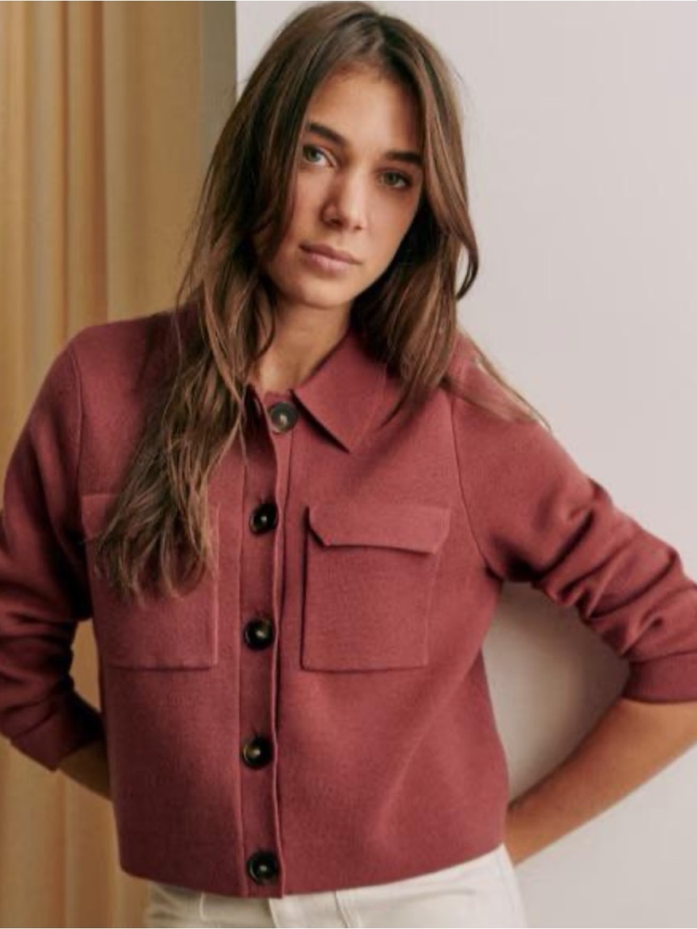 Sézane Rosewood Red 100% Merino Wool Betty Cardigan Jacket XL